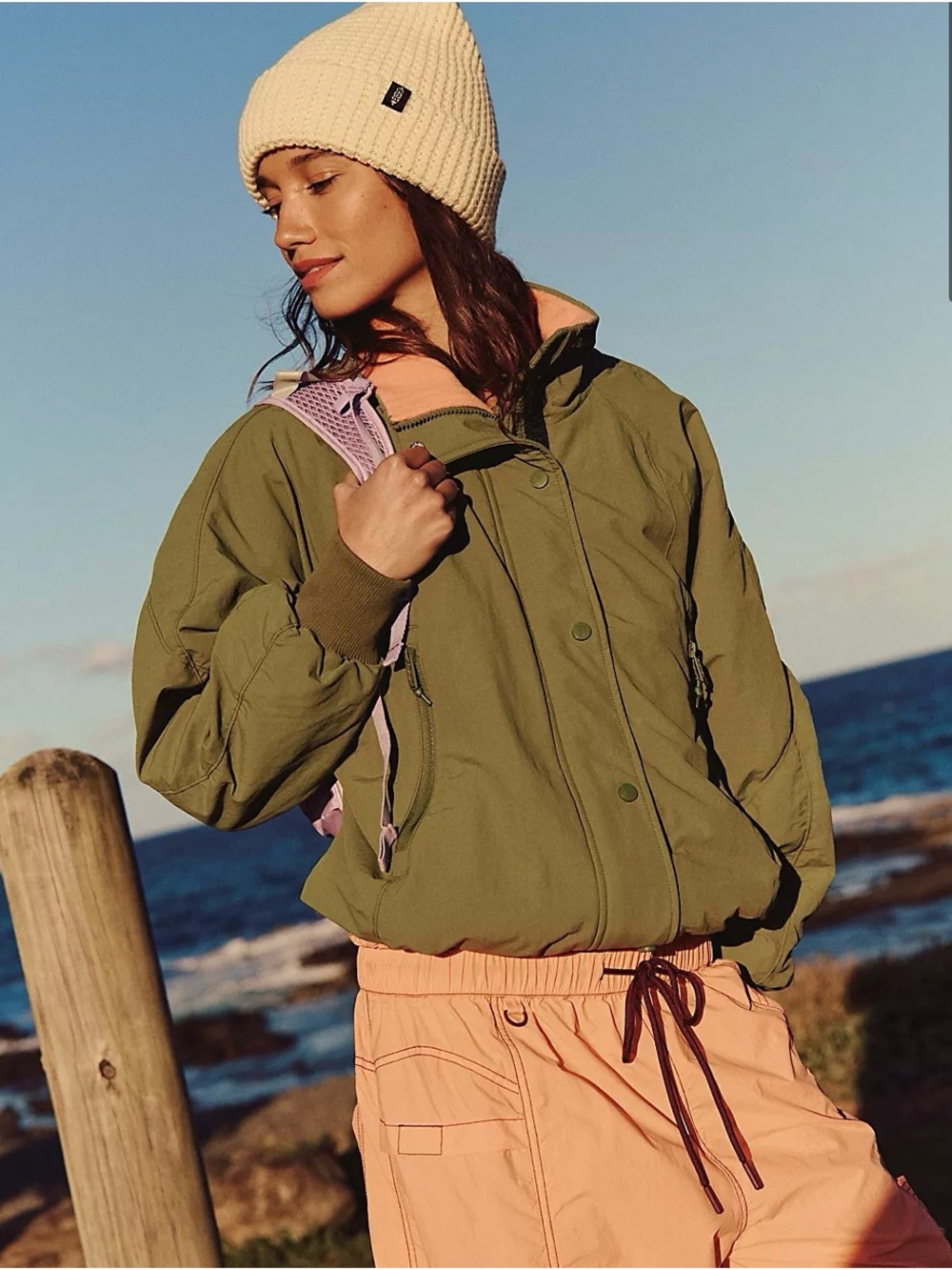 Olive Green field tripper Jacket with peachy Fleece inside - free people